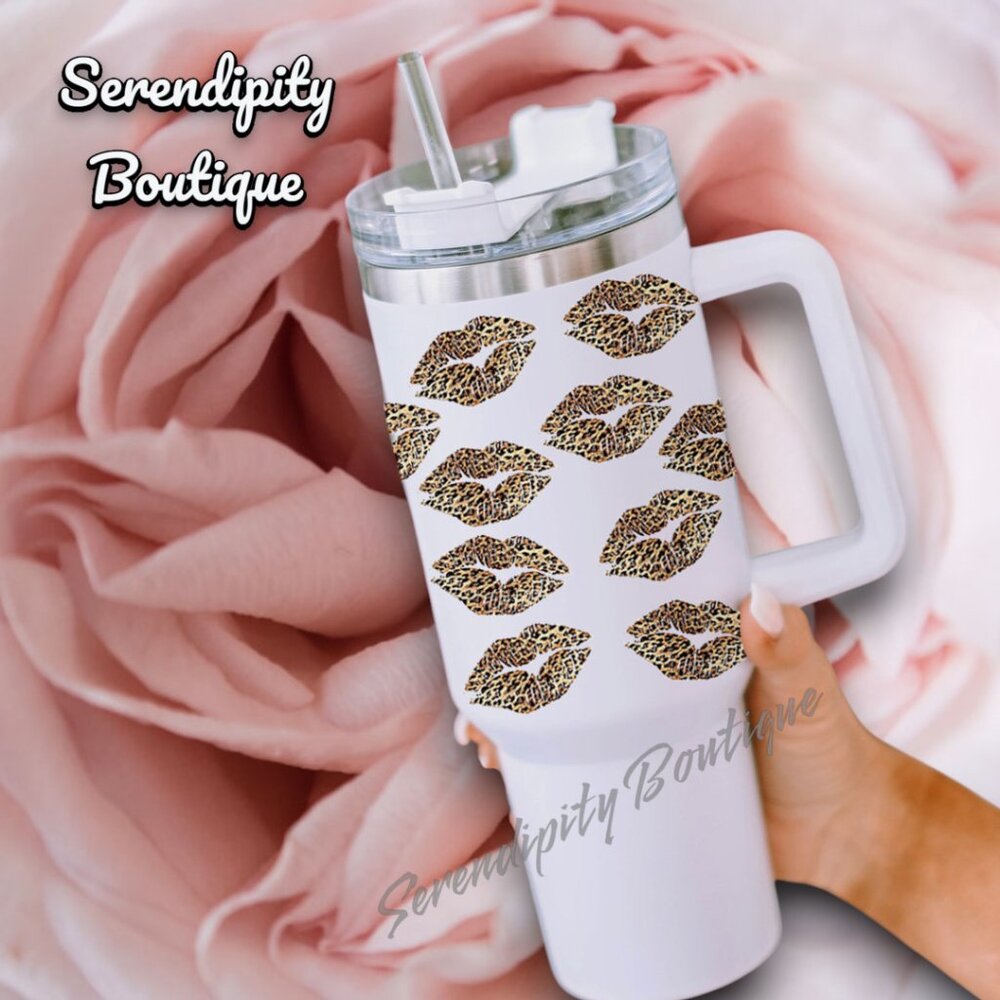 Glamour Girl Bling Leopard Kiss 40 oz Stainless Hot Cold Drinking Tumbler
